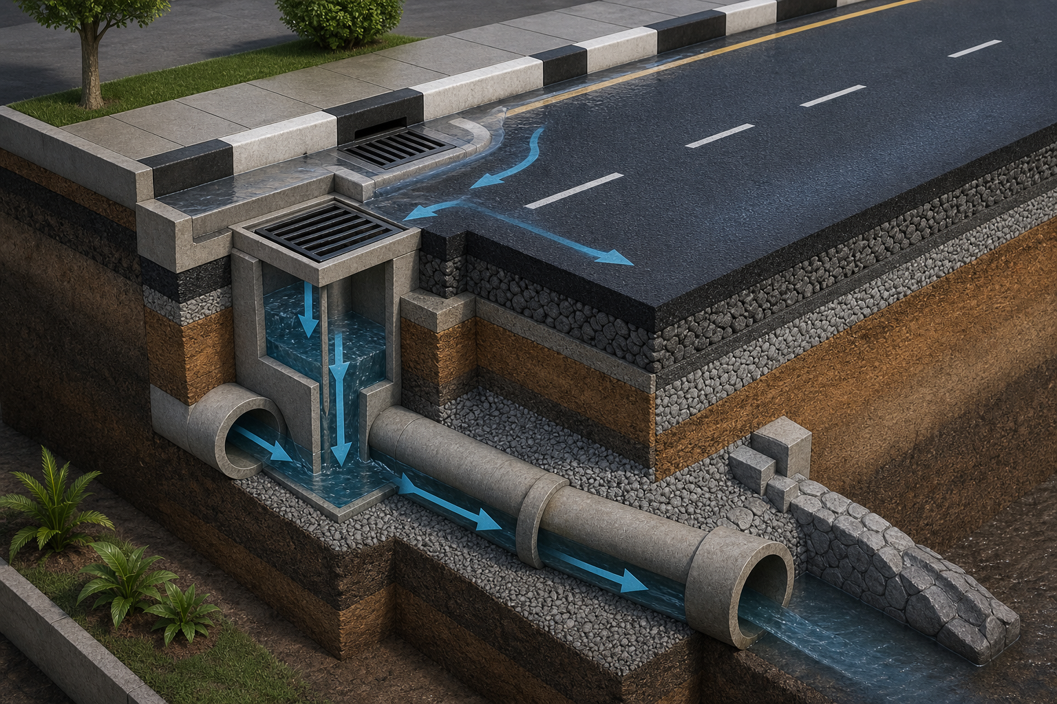 3D illustration of urban drainage and road cutaway with storm pipes